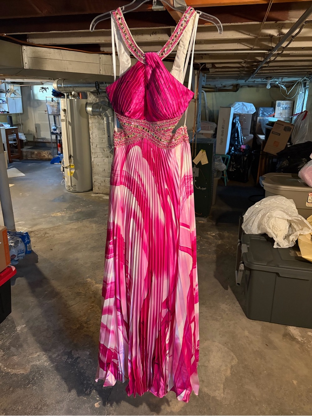 Hot Pink Ombre Pleated Evening Gown with Beaded Waist